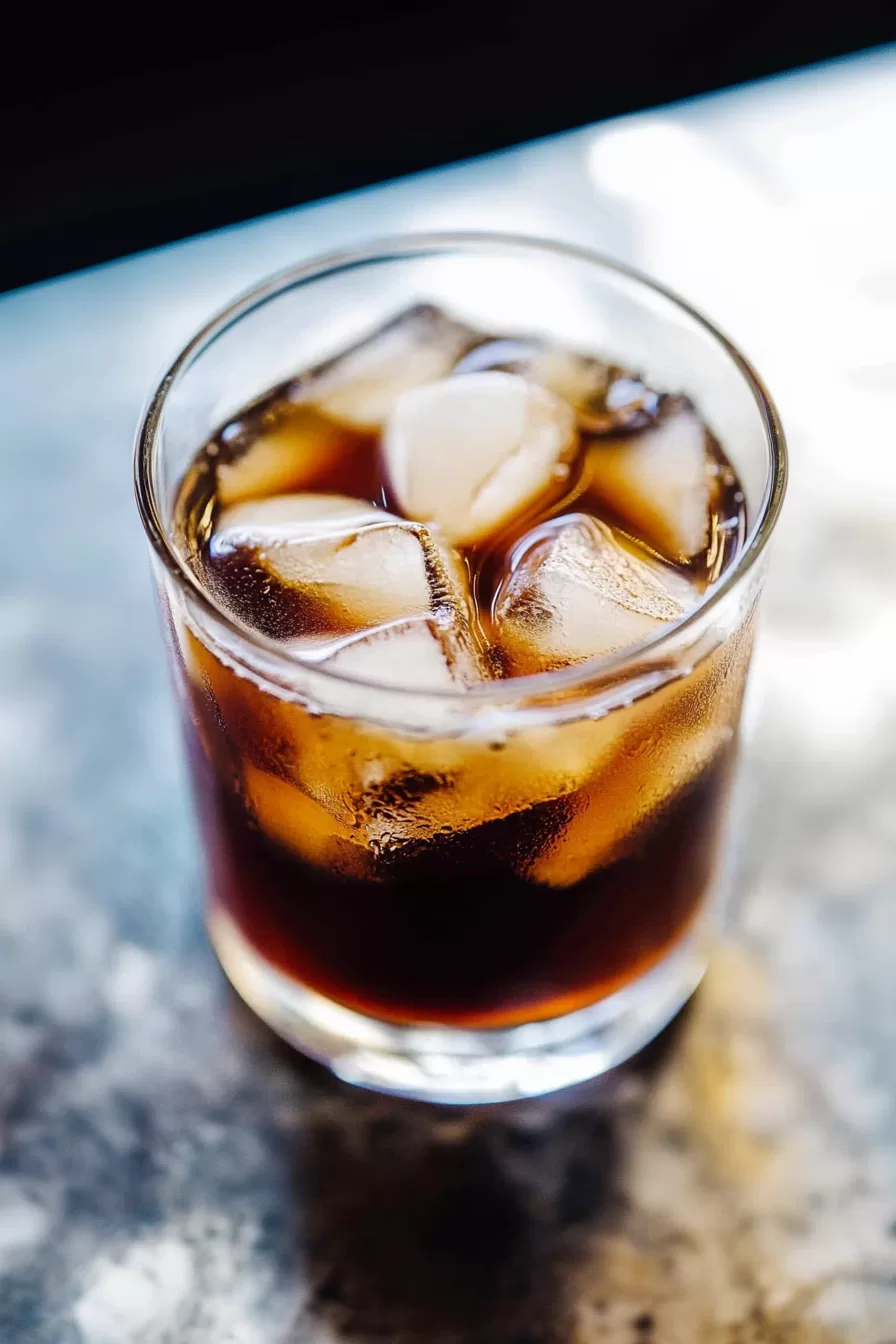 Chilled coffee served in a transparent glass, with ice cubes catching the light beautifully