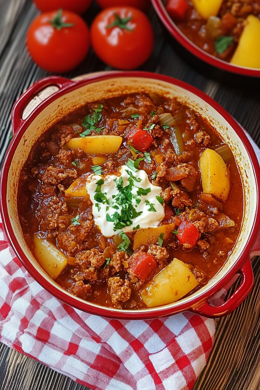 A vibrant pot of Hungarian goulash with tender beef, golden potatoes, and colorful bell peppers, garnished with fresh parsley.