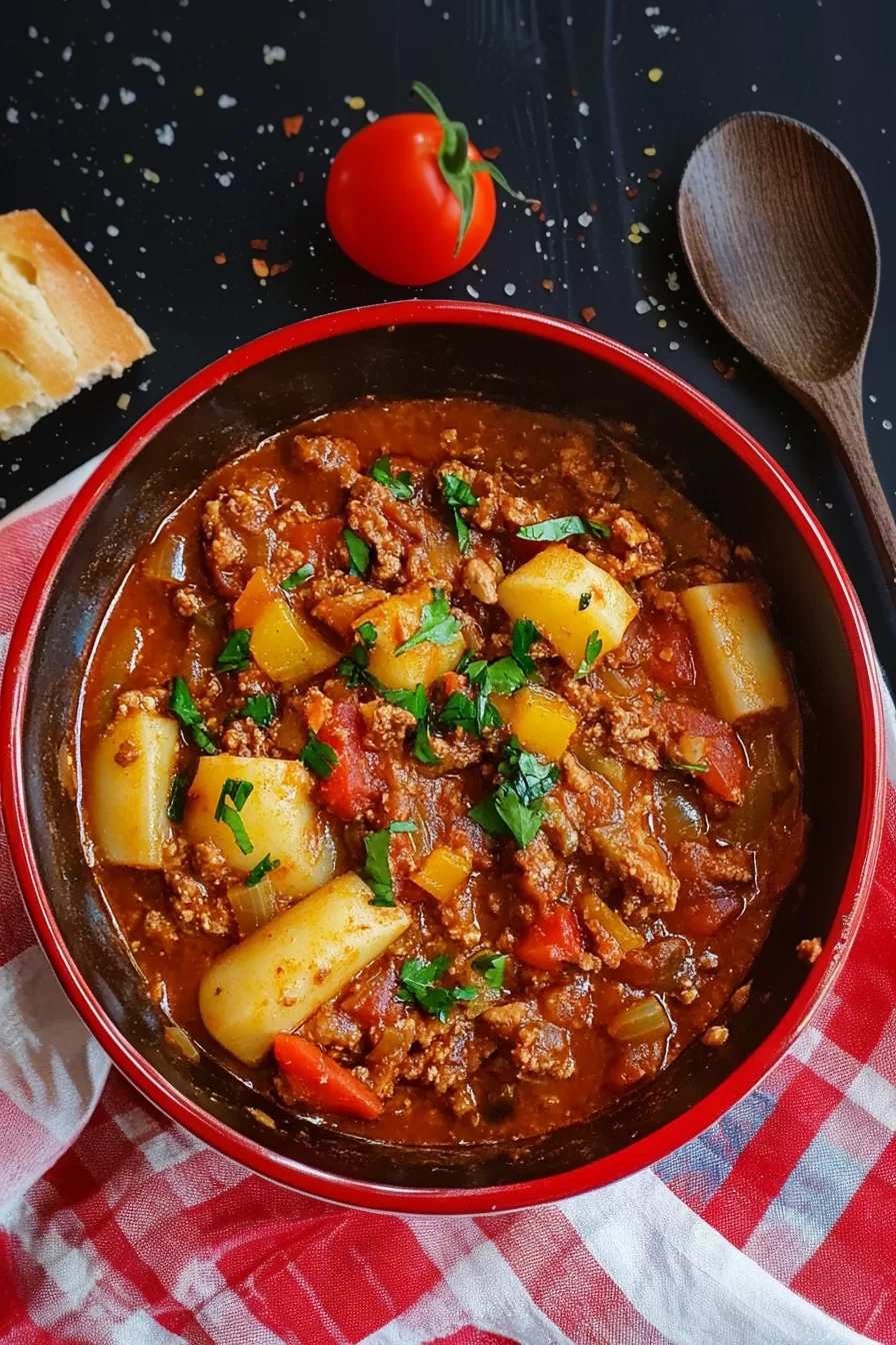 Rich and hearty Hungarian goulash served in a rustic bowl, showcasing chunks of potato and a flavorful tomato-based sauce.