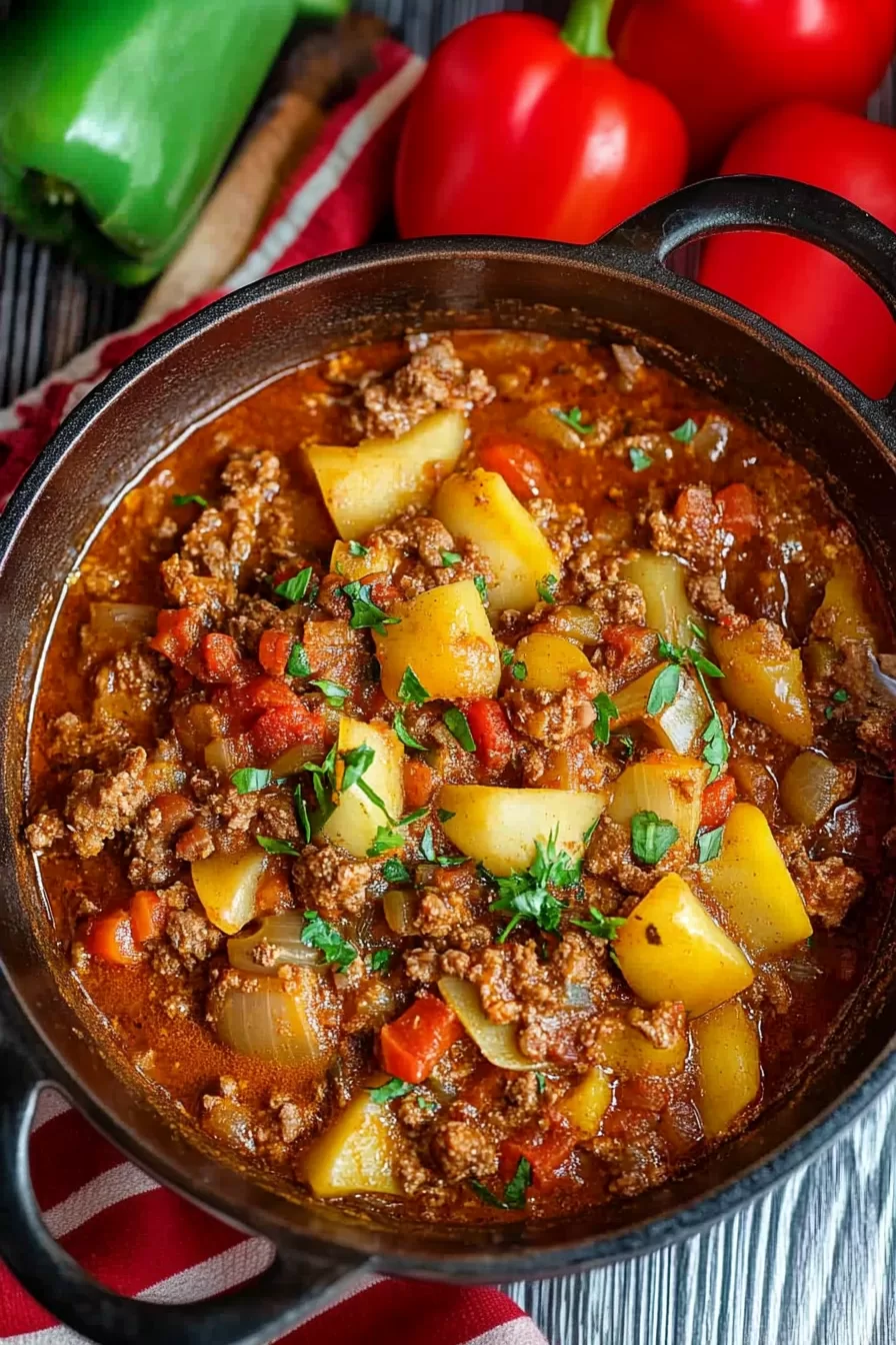 A close-up of steaming Hungarian goulash, highlighting the perfectly cooked vegetables and savory broth.