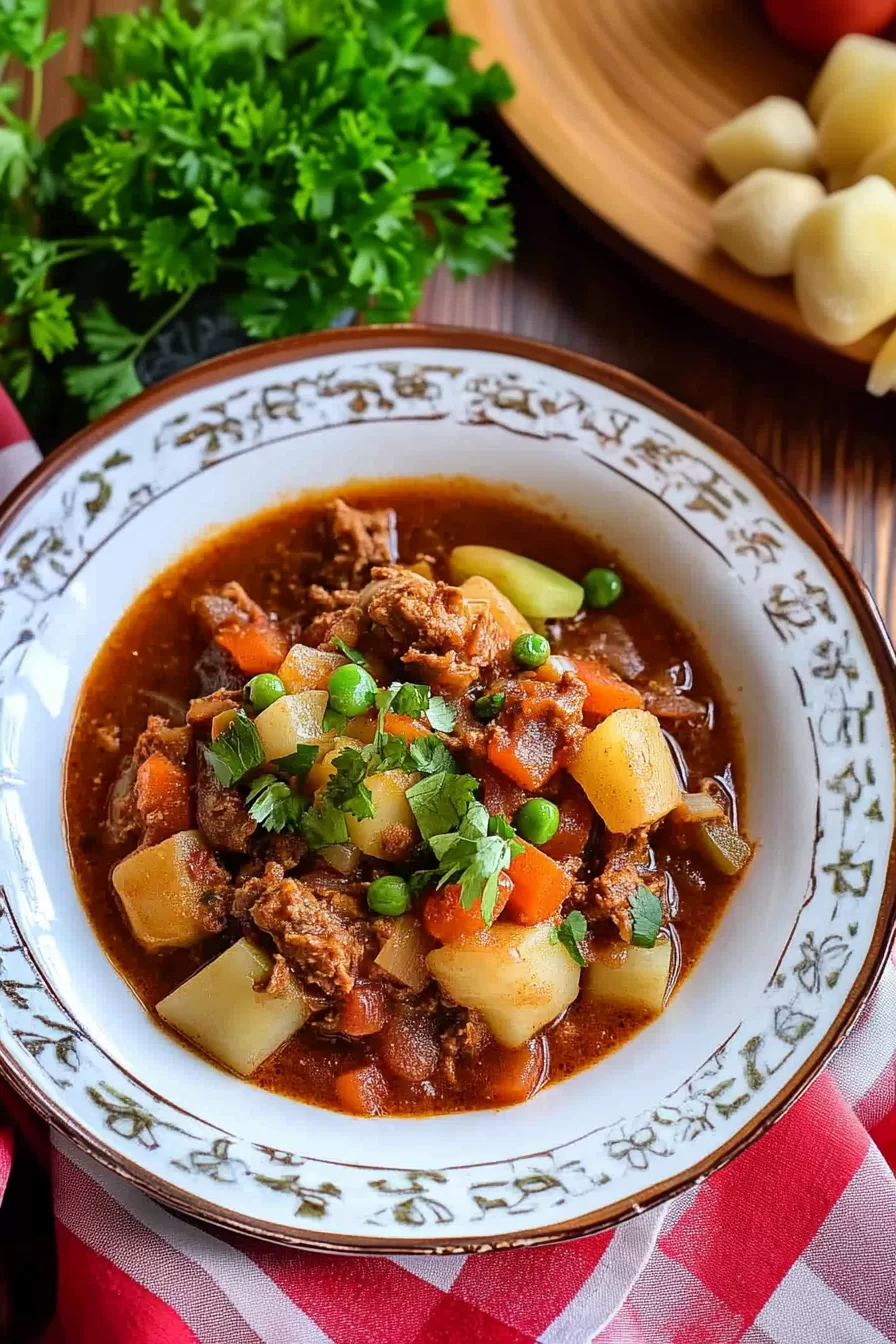 Hungarian goulash topped with a dollop of sour cream and sprinkled with fresh herbs, ready to serve on a checkered tablecloth.