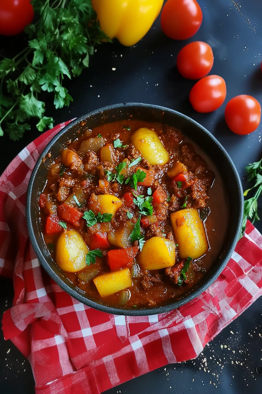 An inviting bowl of Hungarian goulash with a hearty mix of beef, potatoes, and bell peppers, surrounded by fresh vegetables.