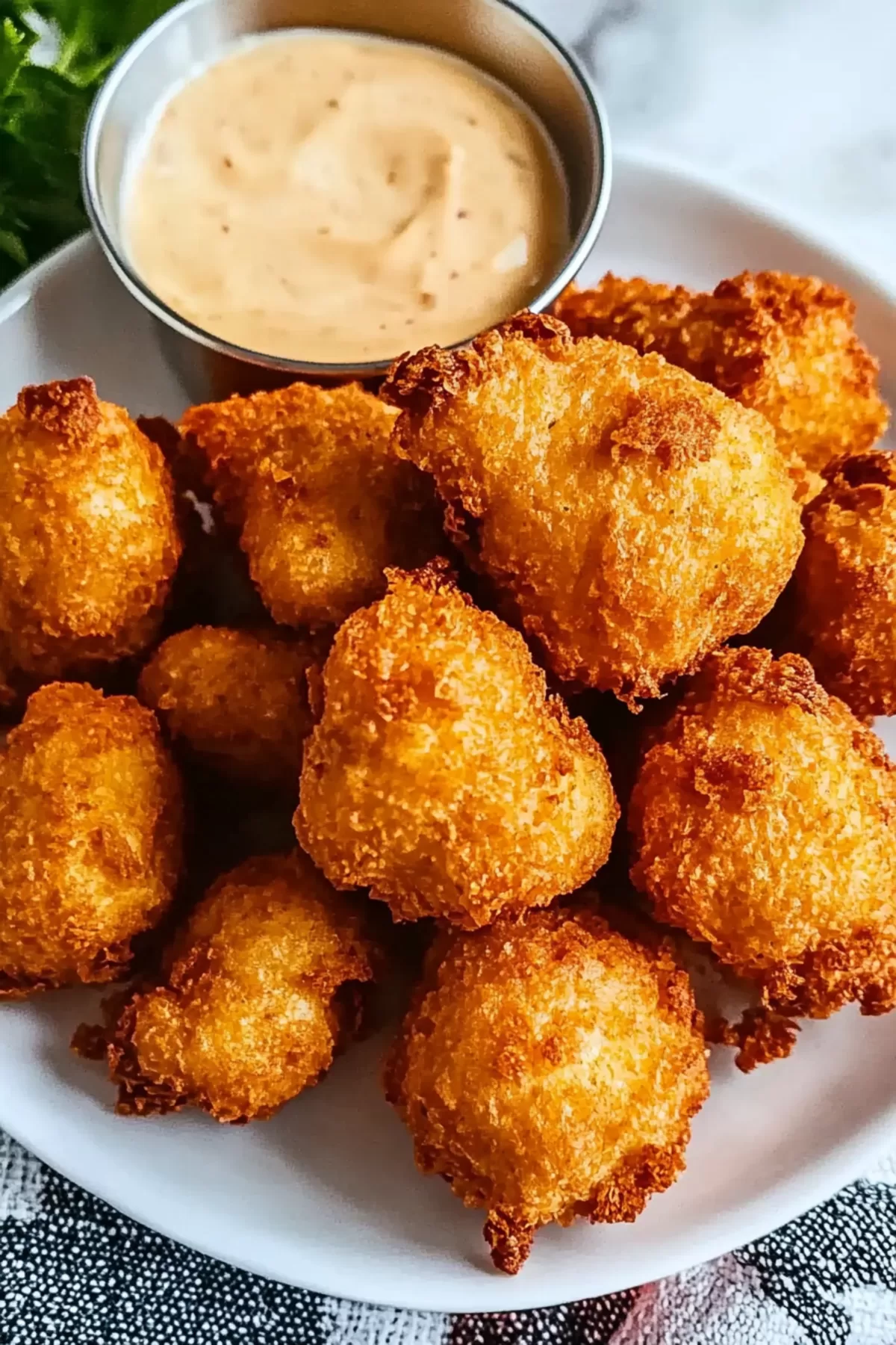 Golden-brown fried hush puppies served with a creamy dipping sauce, perfect for snacking.