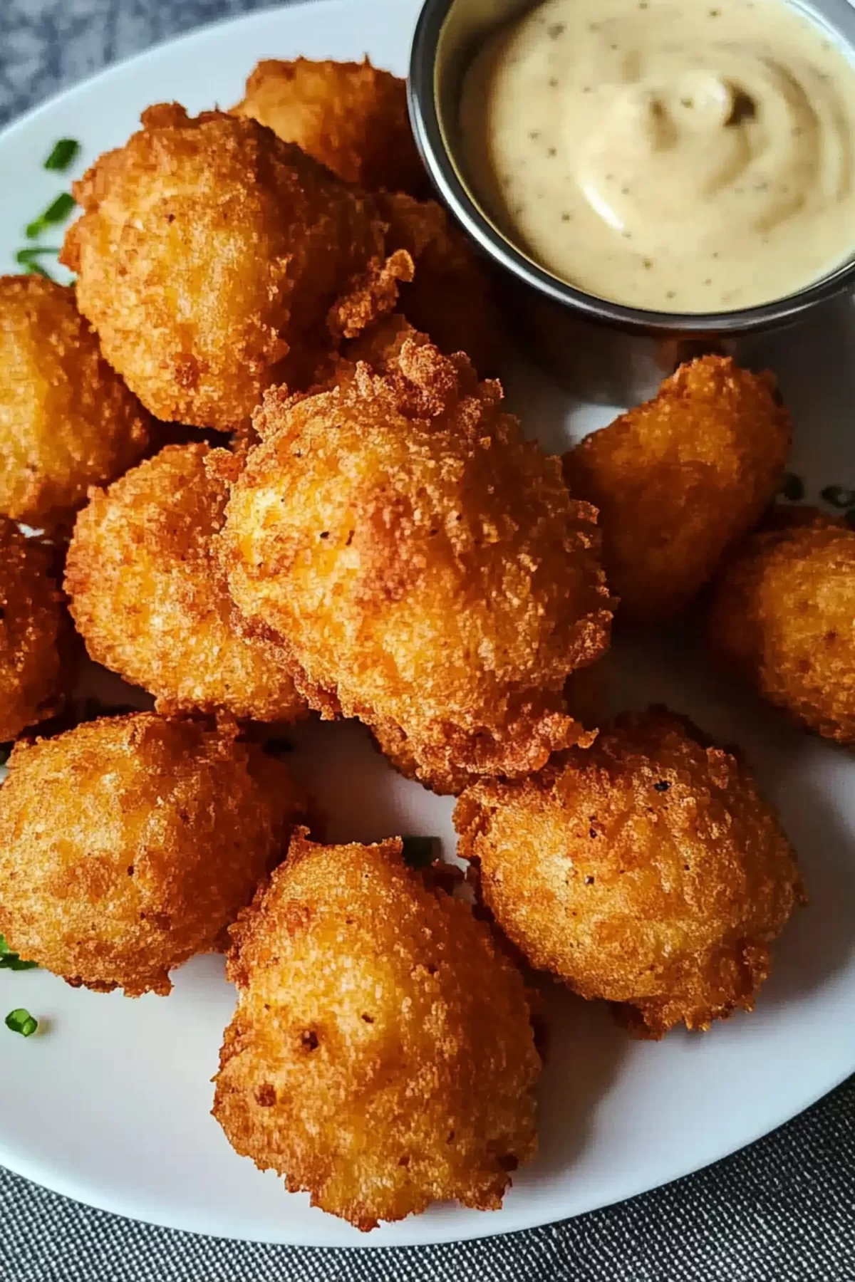 A plate of freshly fried hush puppies with a side of sauce, ready to be enjoyed.