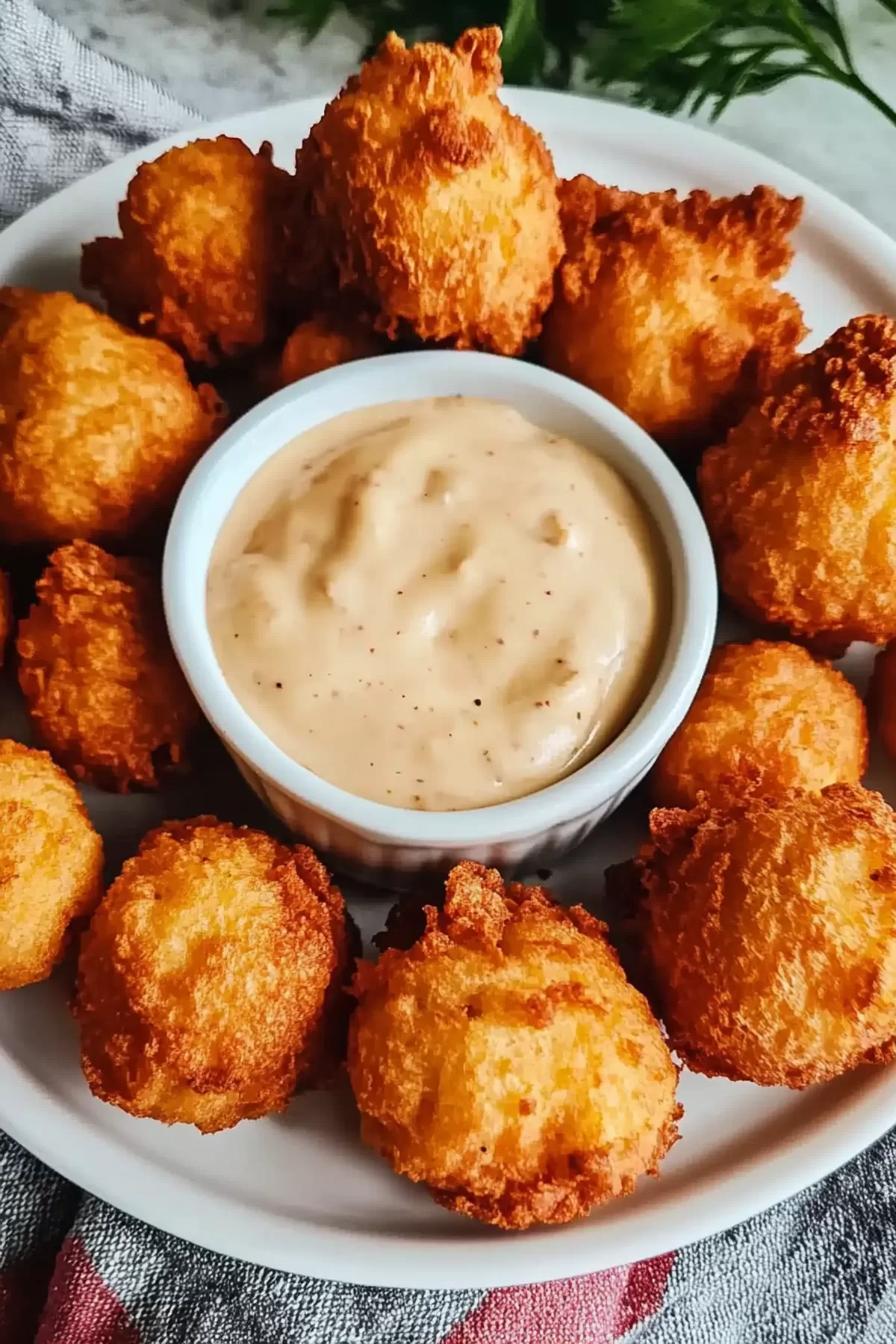 Fluffy and golden hush puppies arranged on a white plate, perfect for sharing.