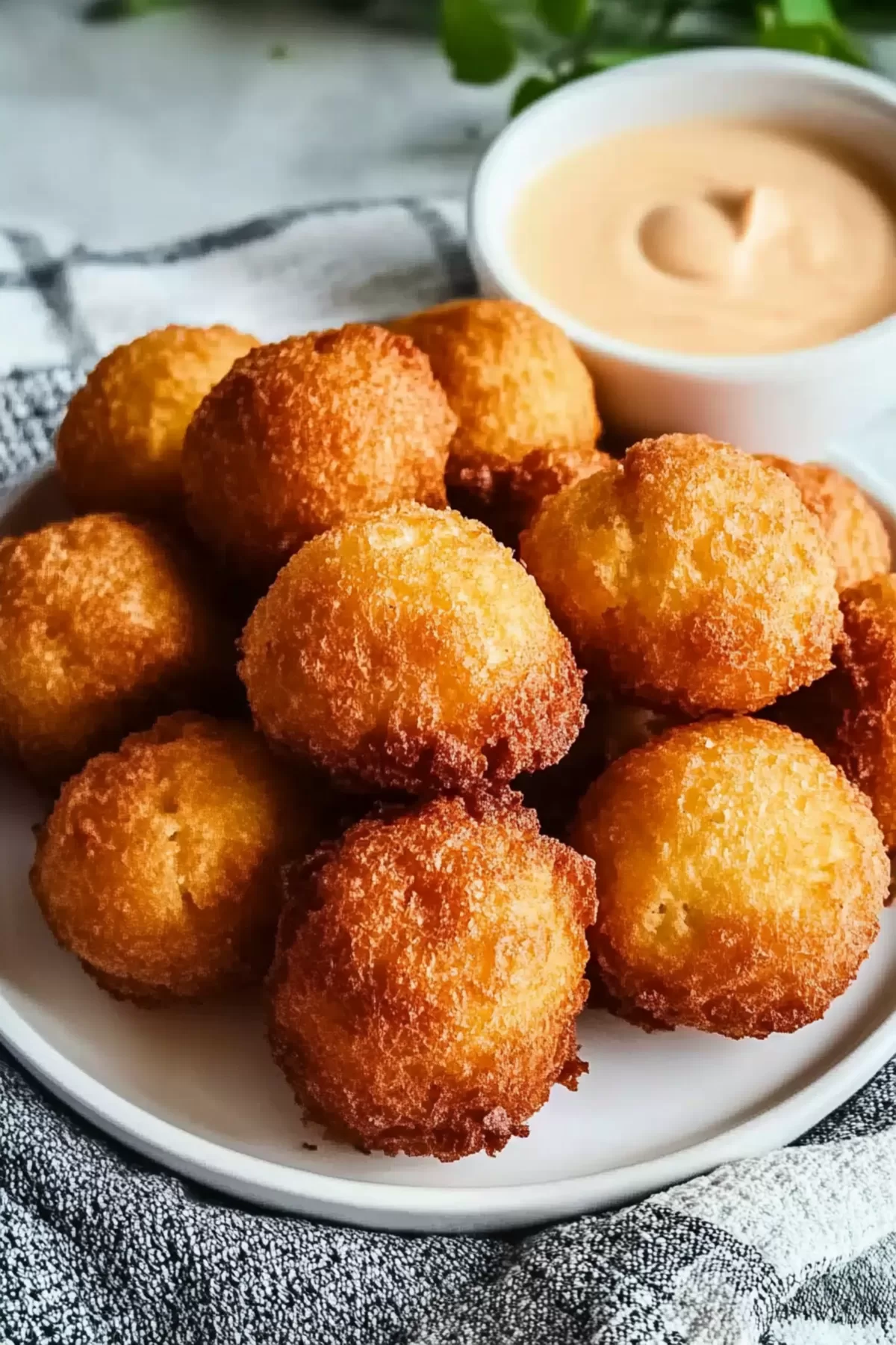 Appetizing fried hush puppies paired with a tangy sauce for dipping.