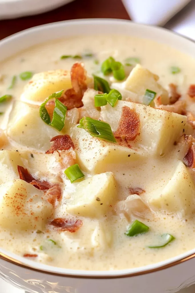 A close-up of a bowl of Irish potato soup featuring diced potatoes, fresh parsley, and a sprinkle of black pepper.