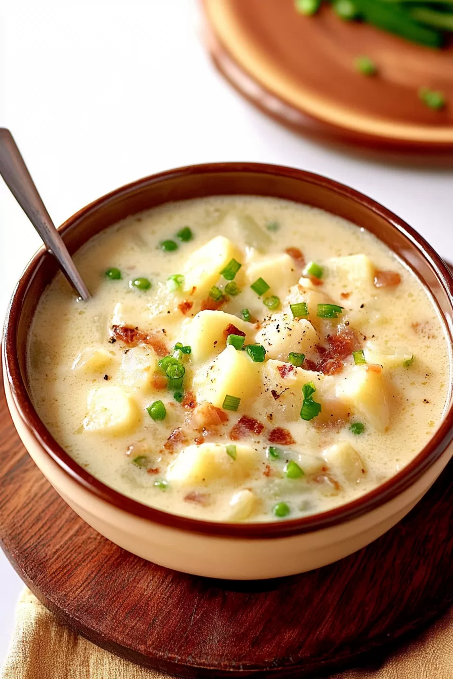 Rustic-style potato soup served in a wooden bowl with a wooden spoon, showcasing chunks of tender potatoes and rich broth.