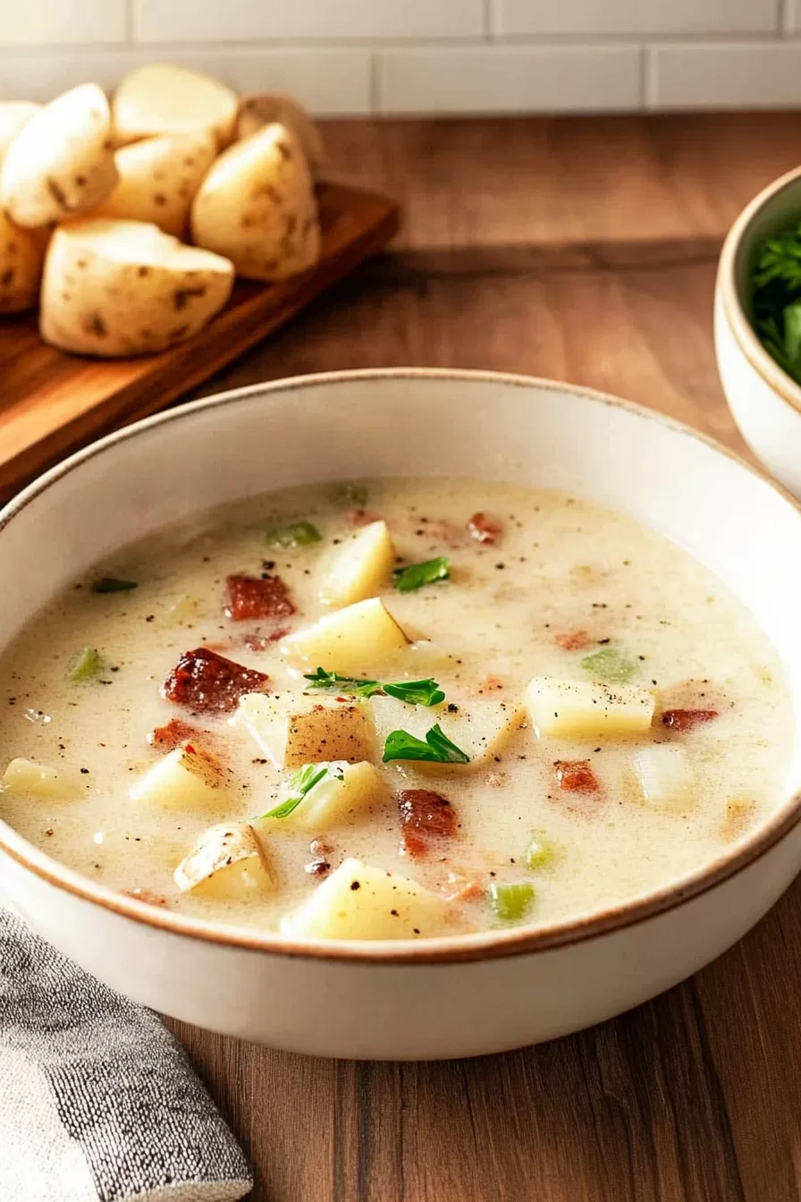 Comforting potato soup in a ceramic bowl, paired with crusty bread and highlighting the creamy, rich texture of the dish.