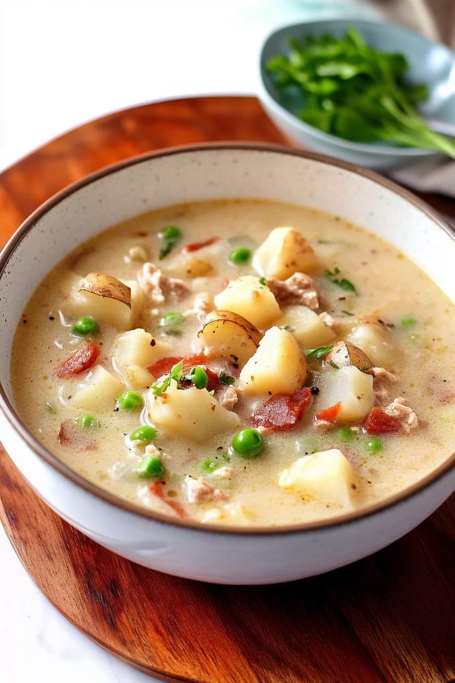 A warm bowl of traditional Irish potato soup, with visible chunks of potatoes, peas, and bits of bacon, perfect for a cozy meal.