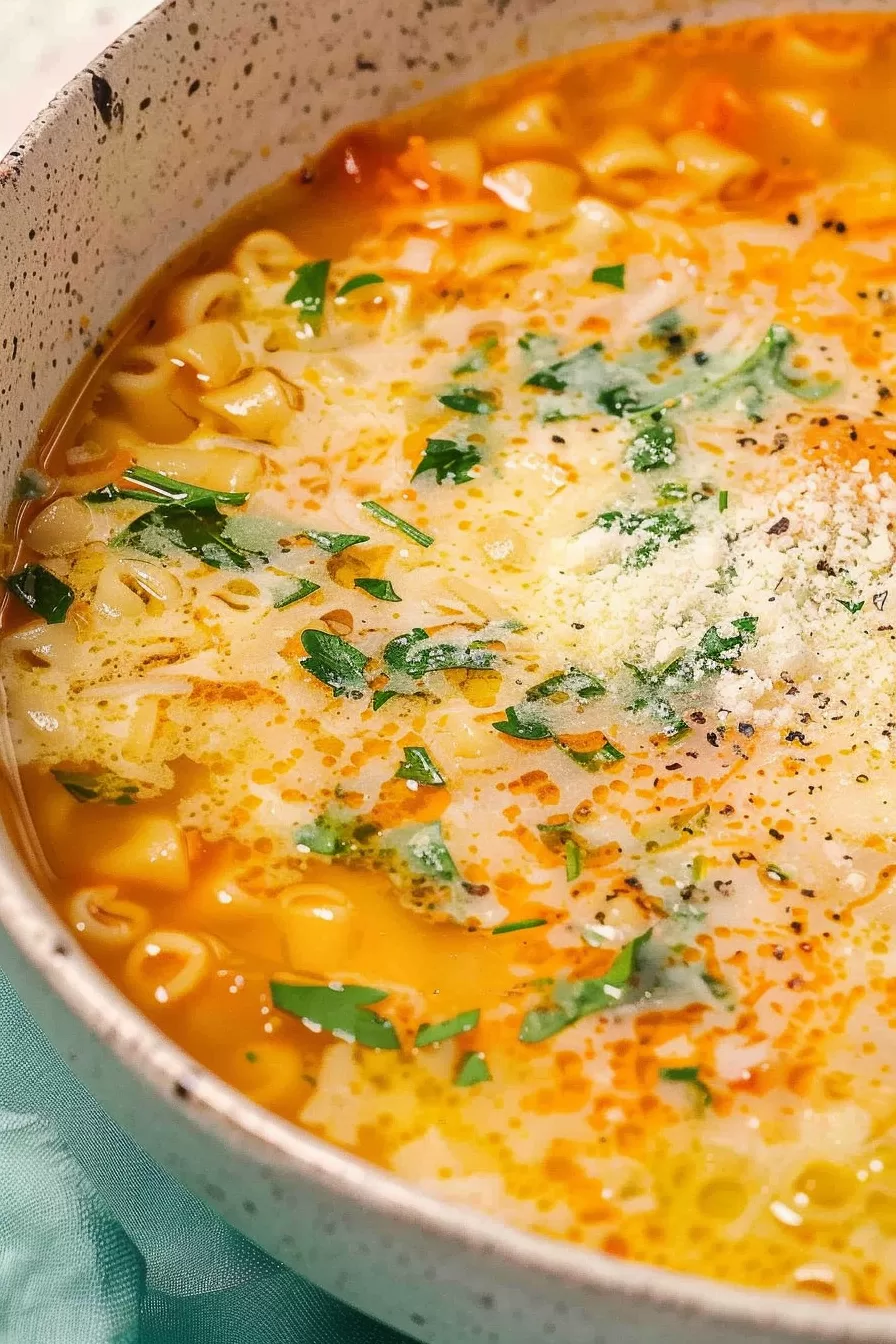 A close-up view of a comforting Italian Pastina Soup, featuring tender pasta in a rich, golden broth garnished with fresh parsley and a sprinkle of parmesan cheese.