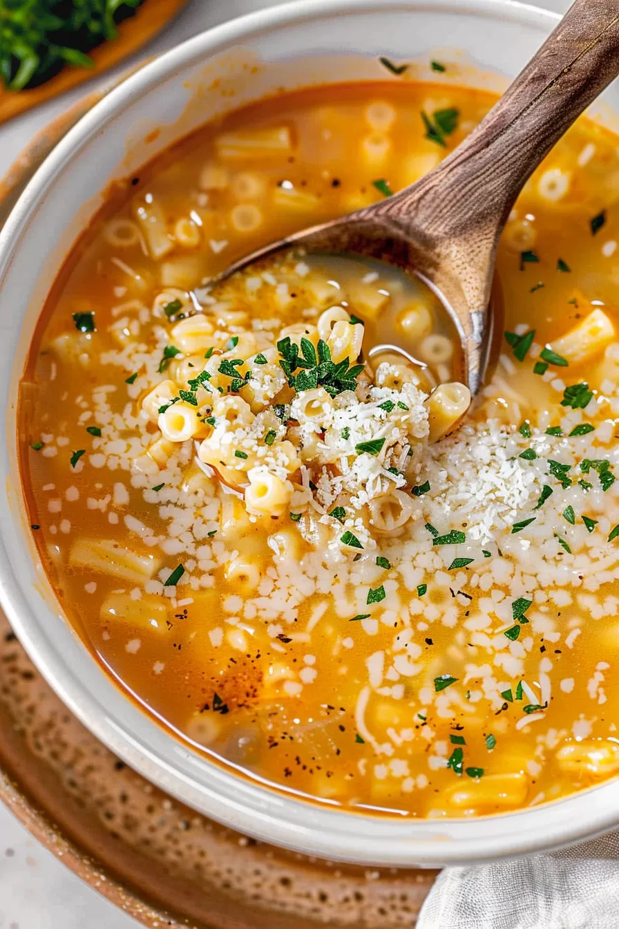 A warm bowl of Italian Pastina Soup with creamy broth, delicate pasta, and a dash of freshly cracked pepper for a rustic, homely feel.