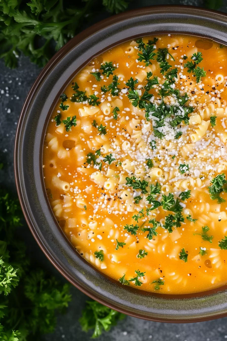 An inviting bowl of Italian Pastina Soup, showcasing vibrant colors from fresh herbs and a touch of melted parmesan.