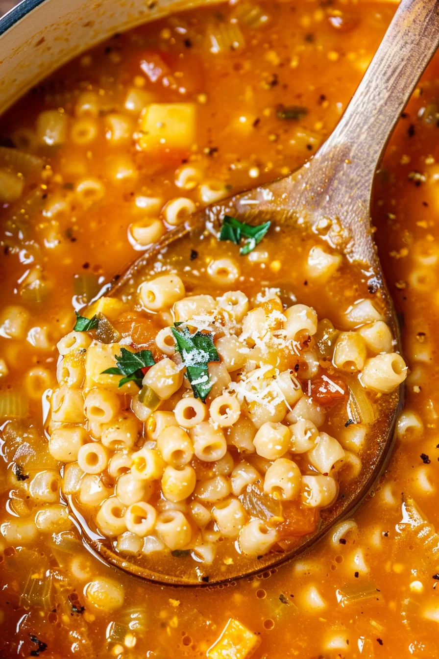 A spoonful of Italian Pastina Soup showing perfectly cooked ditalini pasta and a rich, flavorful broth topped with grated cheese and herbs.