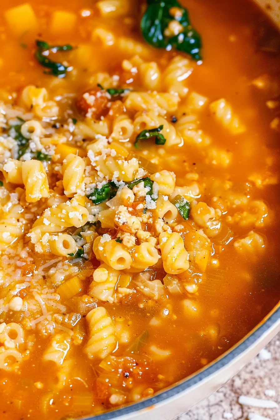 A hearty pot of Italian Pastina Soup, ready to serve, with a golden broth, soft pasta, and aromatic herbs for a comforting meal.