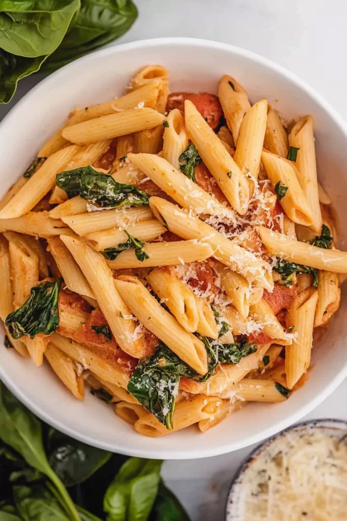 A close-up of penne pasta tossed with creamy tomato sauce, sautéed spinach, and a sprinkle of grated Parmesan cheese.