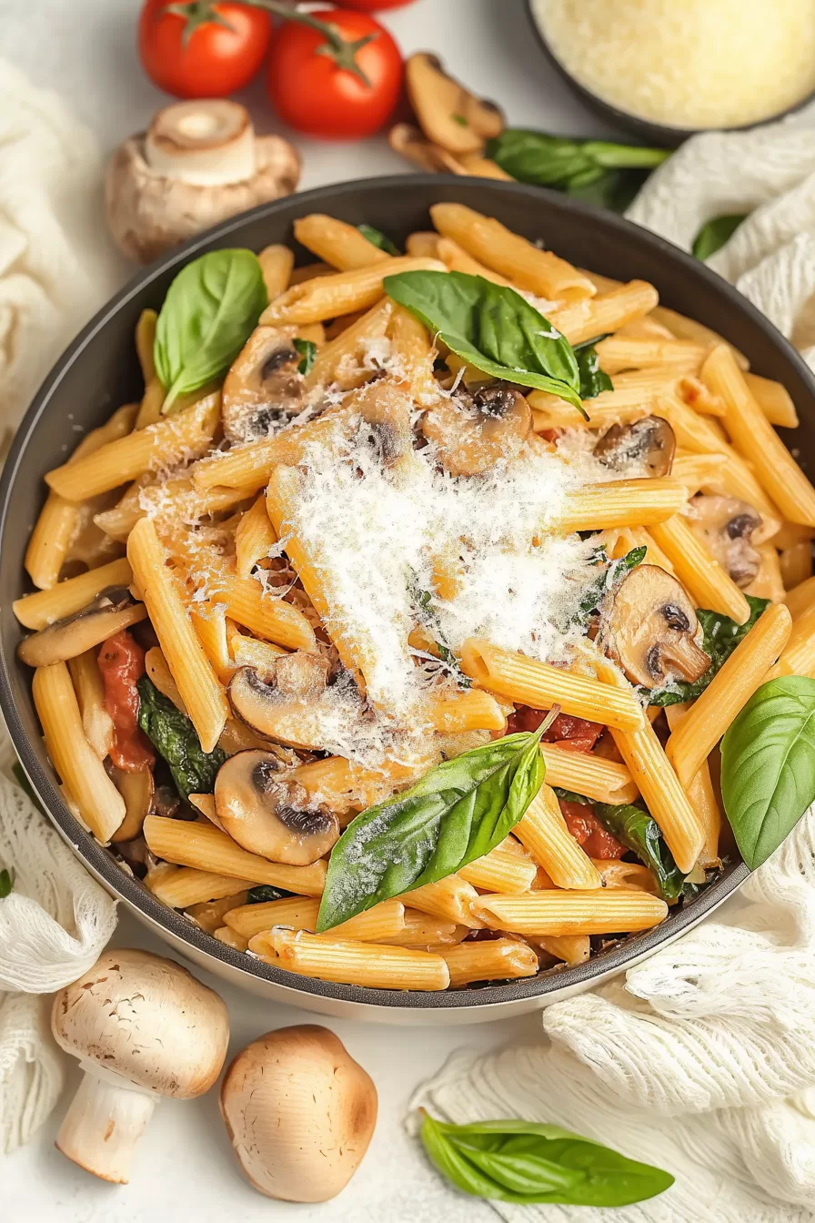 A black skillet filled with penne pasta, mushrooms, fresh basil leaves, and a generous layer of Parmesan cheese.