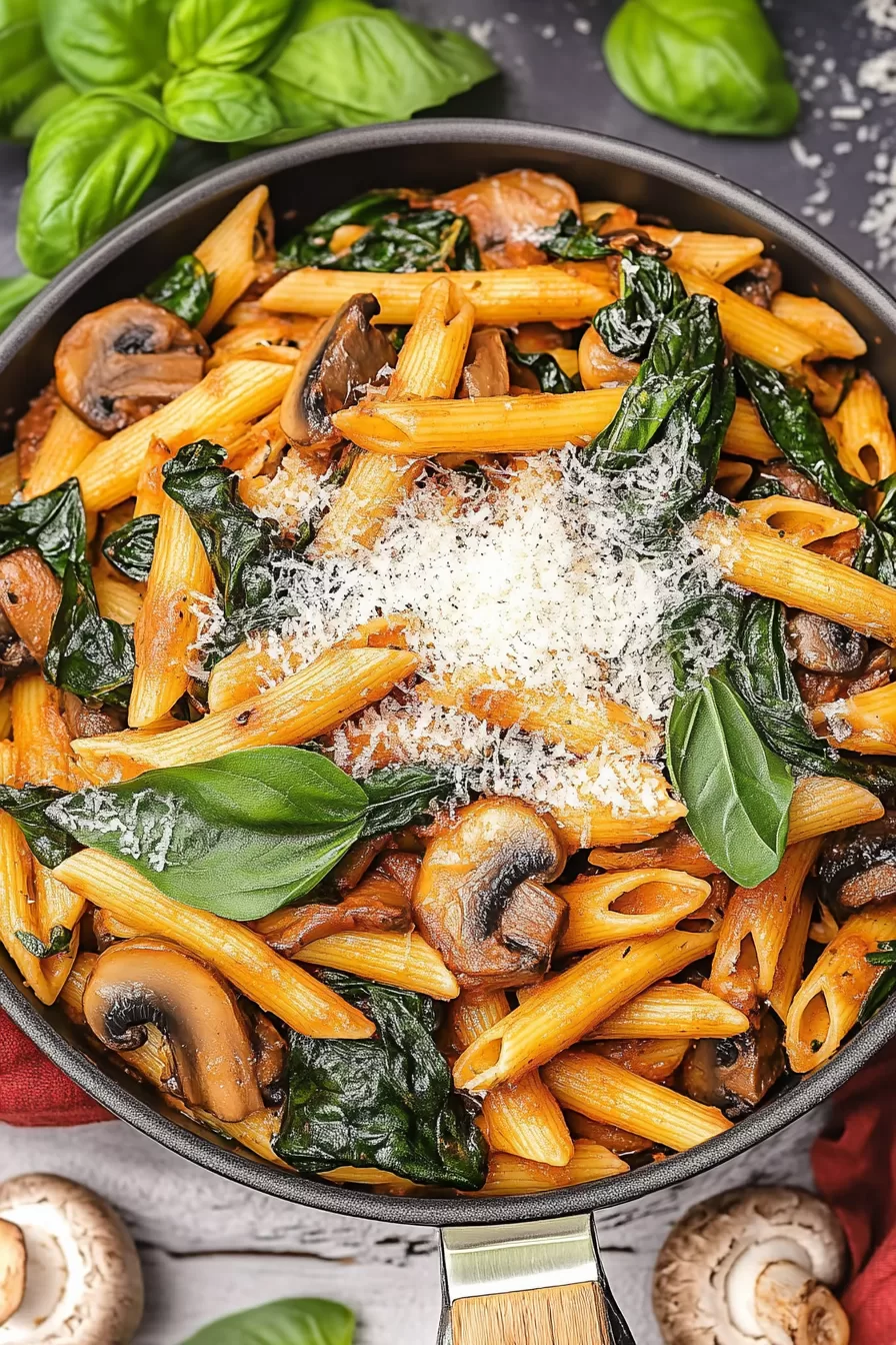 Freshly cooked penne pasta with spinach, mushrooms, and a rich tomato cream sauce, topped with basil and cheese.