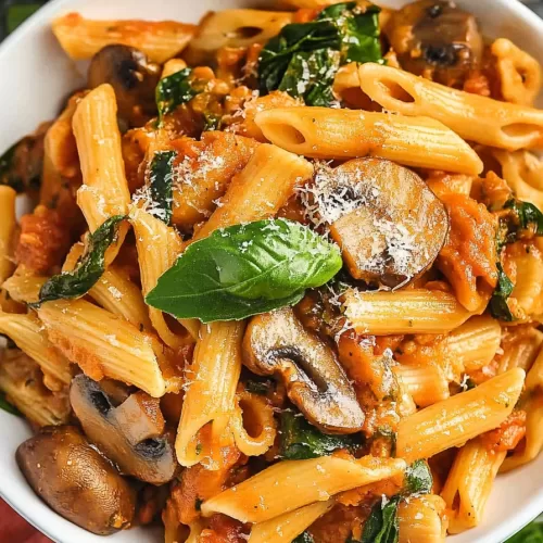 A bowl of pasta featuring vibrant spinach leaves, earthy mushrooms, and a tomato-based sauce, garnished with fresh basil.