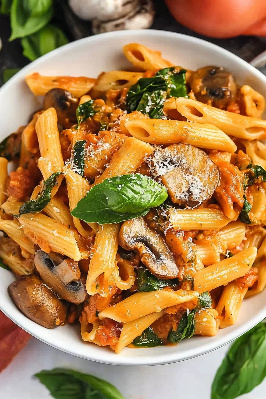 A bowl of pasta featuring vibrant spinach leaves, earthy mushrooms, and a tomato-based sauce, garnished with fresh basil.