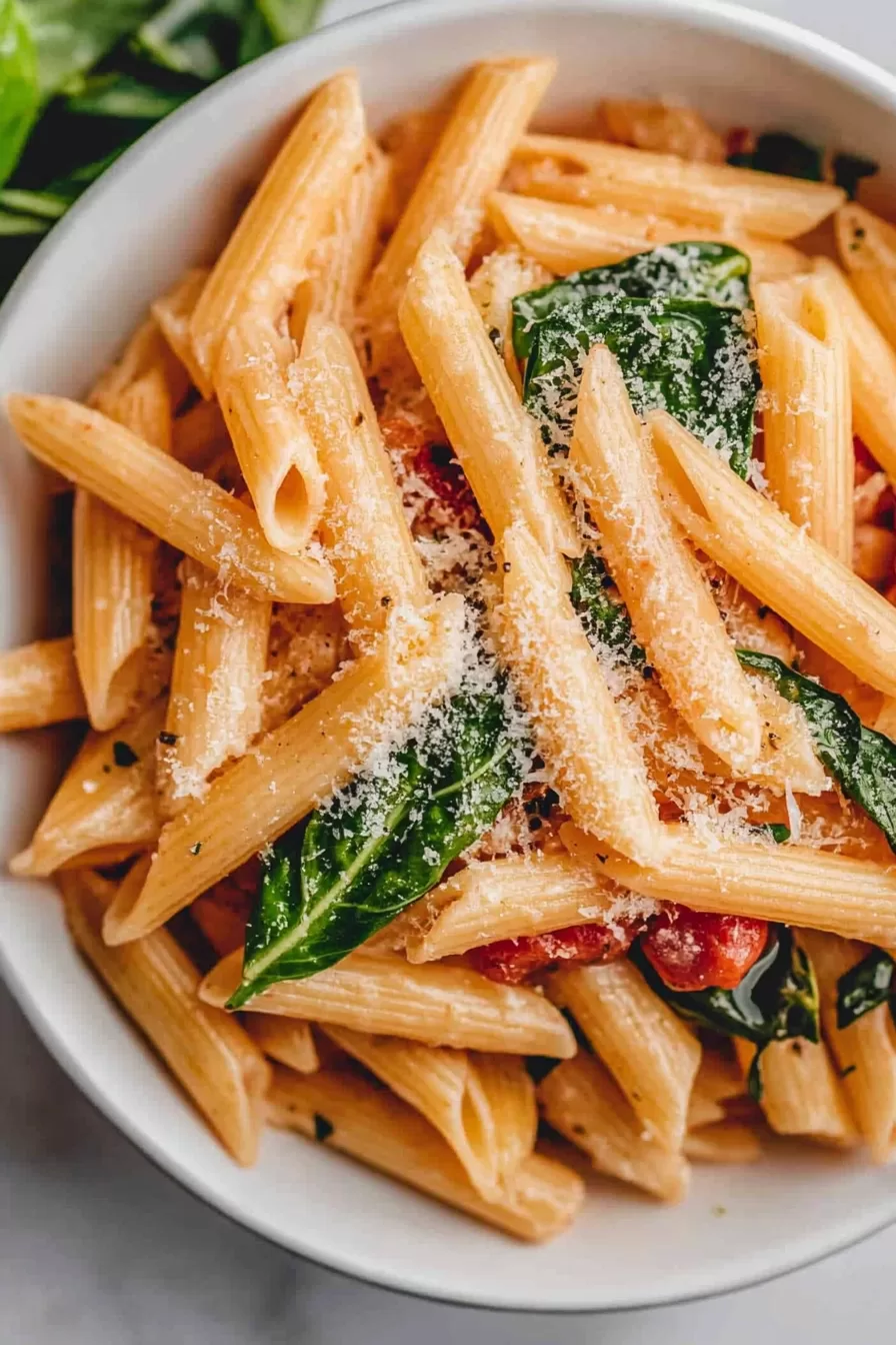 A top-down view of penne pasta with wilted spinach, tomatoes, and Parmesan, highlighting the fresh, simple ingredients.