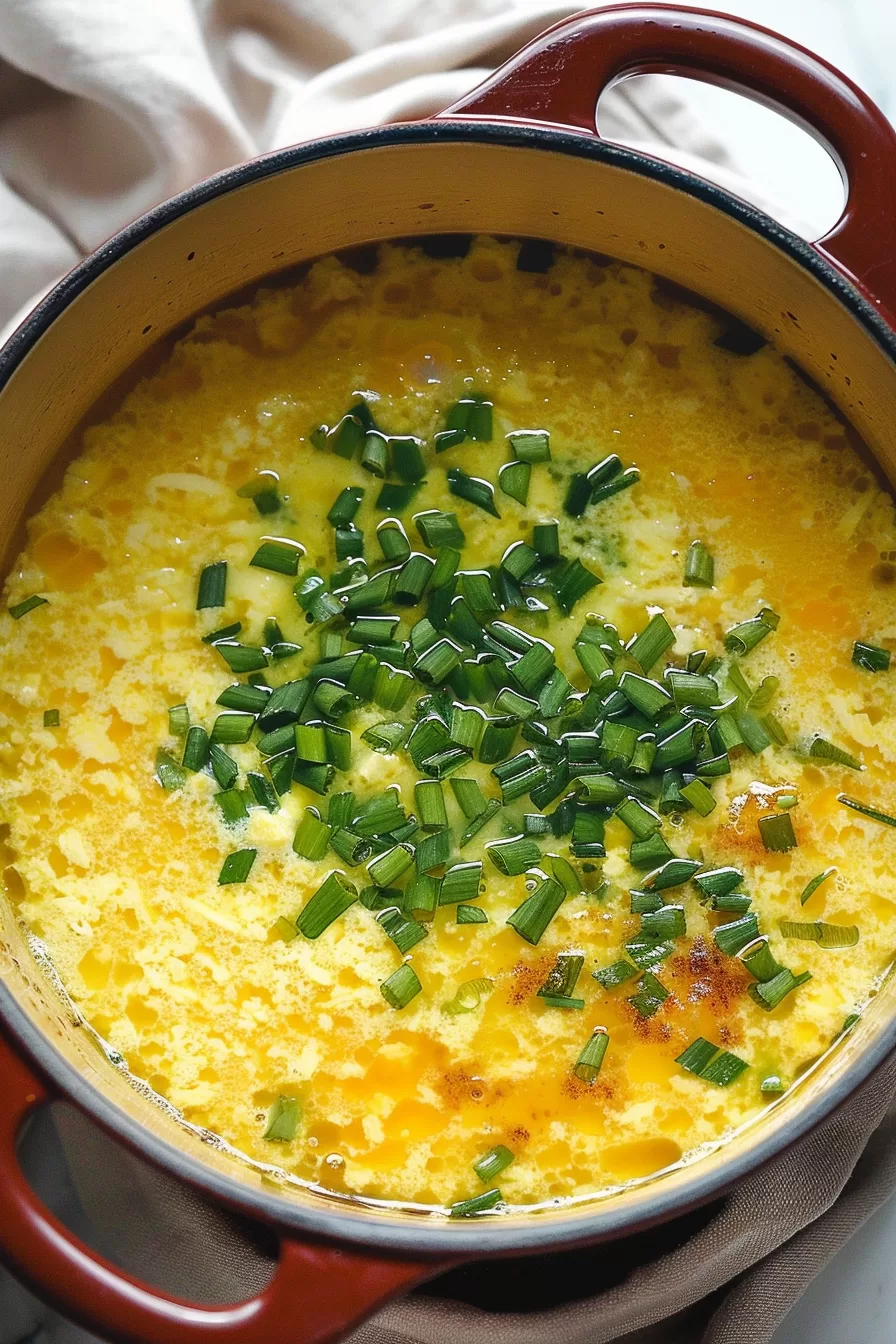 Close-up of a steaming bowl of keto egg drop soup with delicate swirls of egg and garnished with green onions.