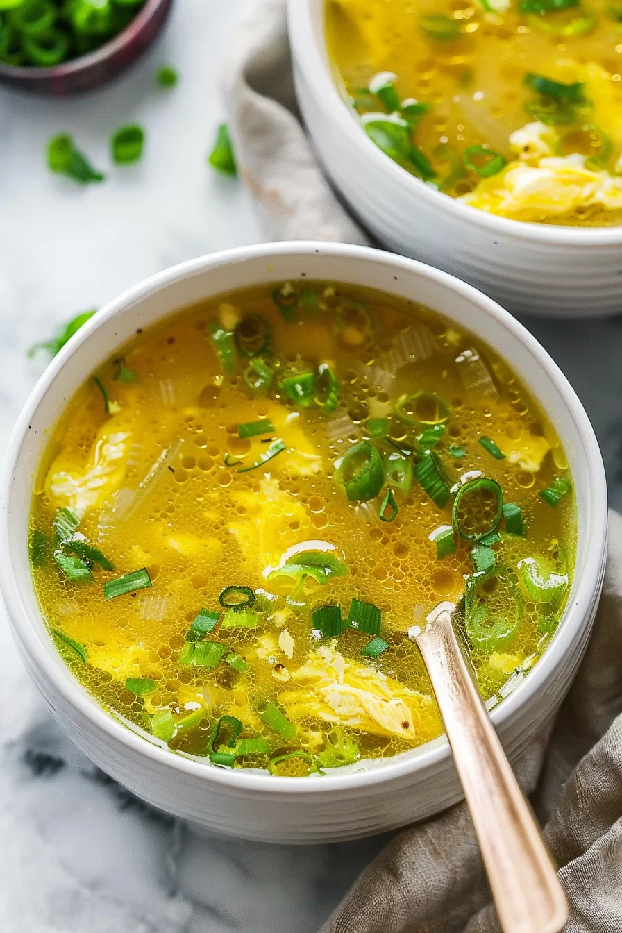 Two bowls of keto egg drop soup on a marble countertop, with a sprinkle of fresh herbs adding a pop of color.