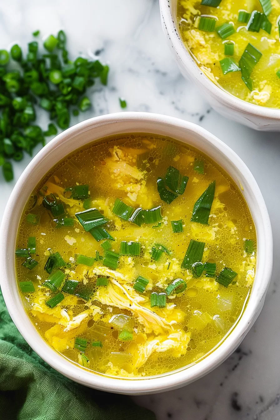 A vibrant pot of golden keto egg drop soup topped with freshly chopped chives, ready to be served.