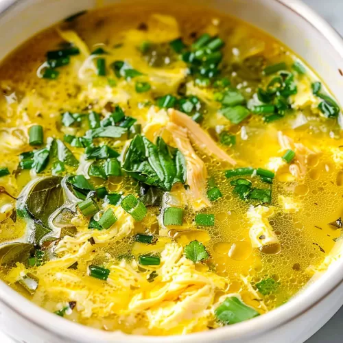 A cozy serving of keto egg drop soup in a white bowl, showcasing the richness of the broth and the light texture of the egg.