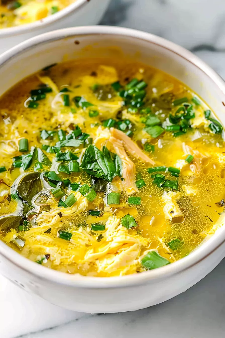 A cozy serving of keto egg drop soup in a white bowl, showcasing the richness of the broth and the light texture of the egg.