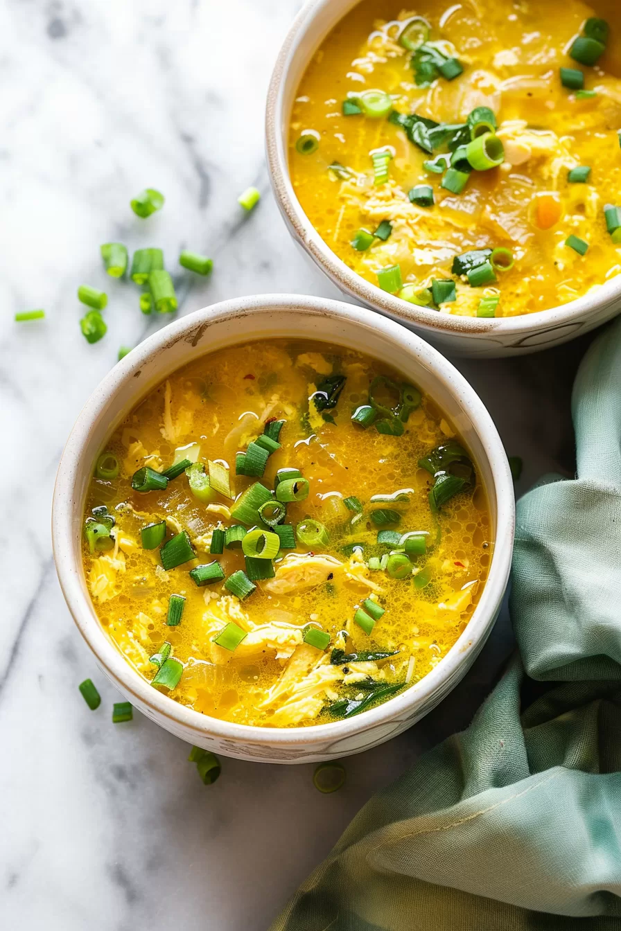 An overhead shot of keto egg drop soup bowls, surrounded by green onions and a soft beige napkin for a comforting vibe.