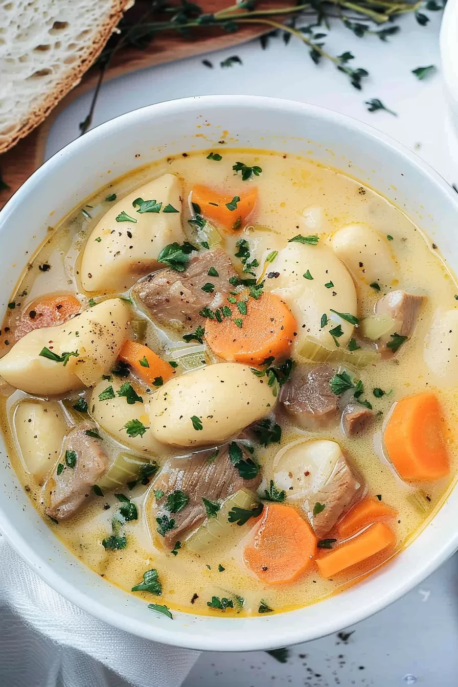 A close-up of a warm bowl of creamy Knoephla soup, garnished with fresh parsley and paired with a slice of crusty bread.