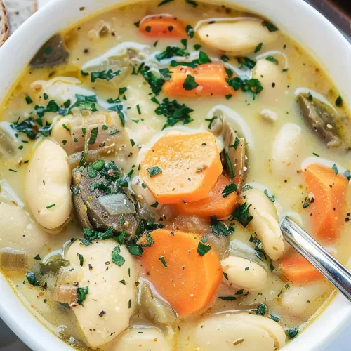 A vibrant and hearty bowl of Knoephla soup showcasing tender dumplings, carrots, and potatoes in a creamy broth.