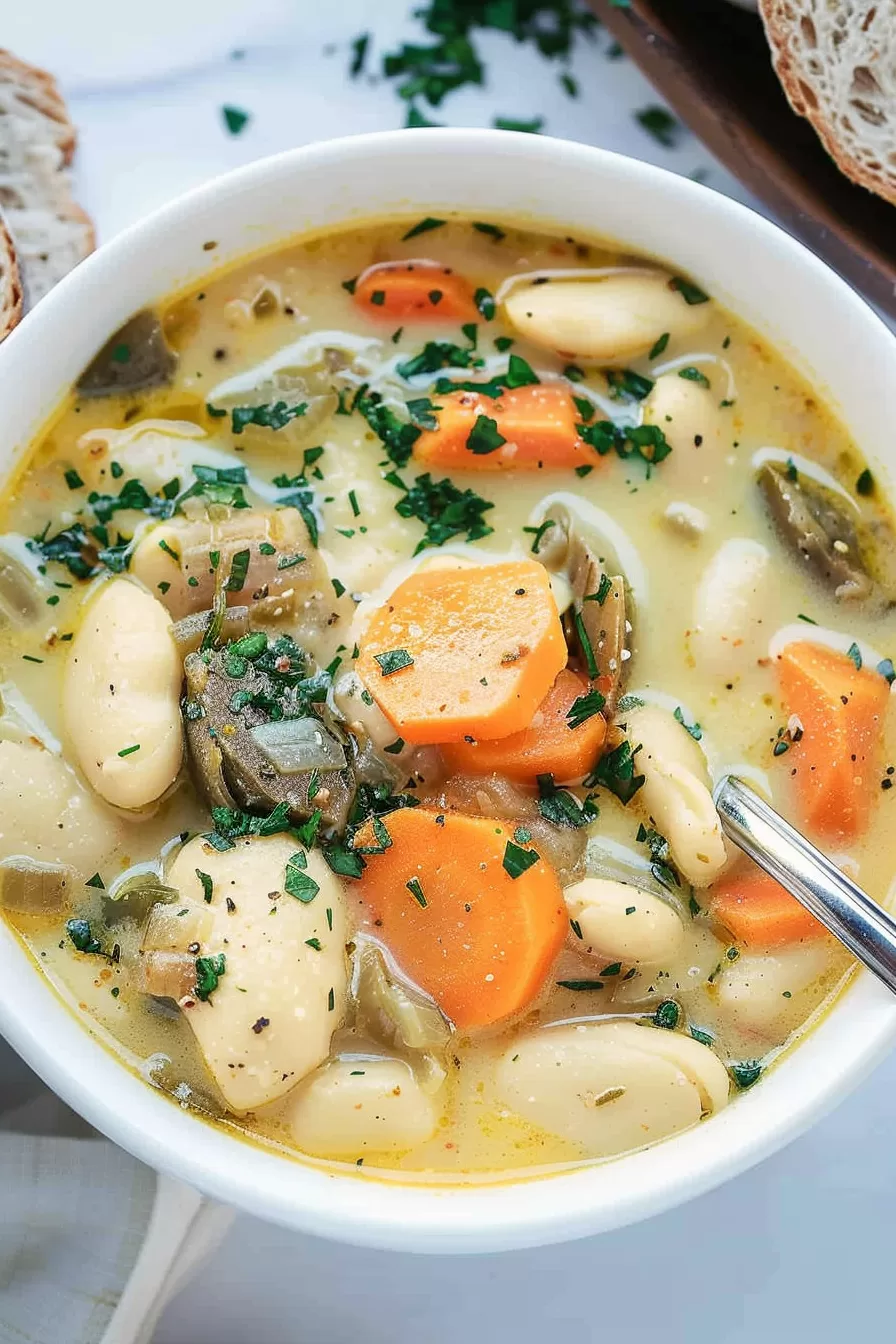 A vibrant and hearty bowl of Knoephla soup showcasing tender dumplings, carrots, and potatoes in a creamy broth.