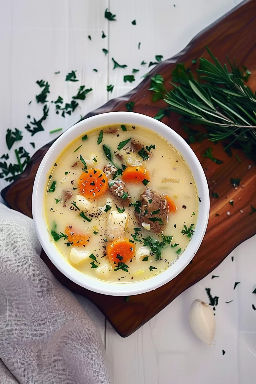 Overhead shot of Knoephla soup with scattered fresh herbs and a rustic wooden board in the background.