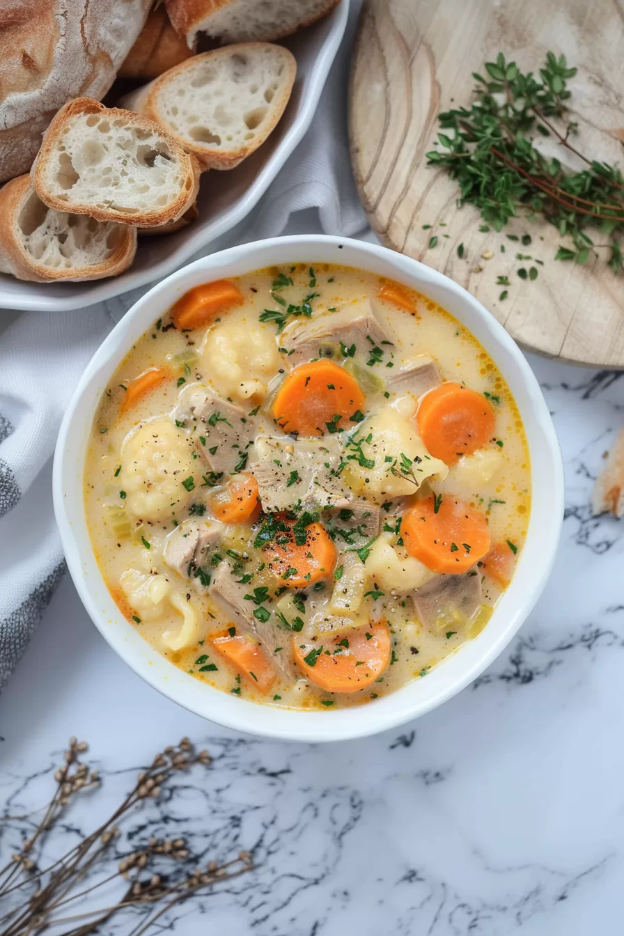 Knoephla soup served in a white bowl, surrounded by fresh parsley and garlic, highlighting its rich and comforting appearance.