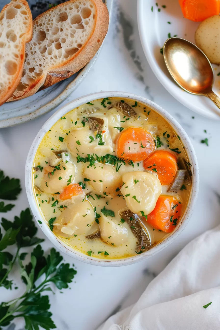 A bowl of Knoephla soup on a marble counter, paired with slices of baguette, showcasing the hearty ingredients and creamy texture.