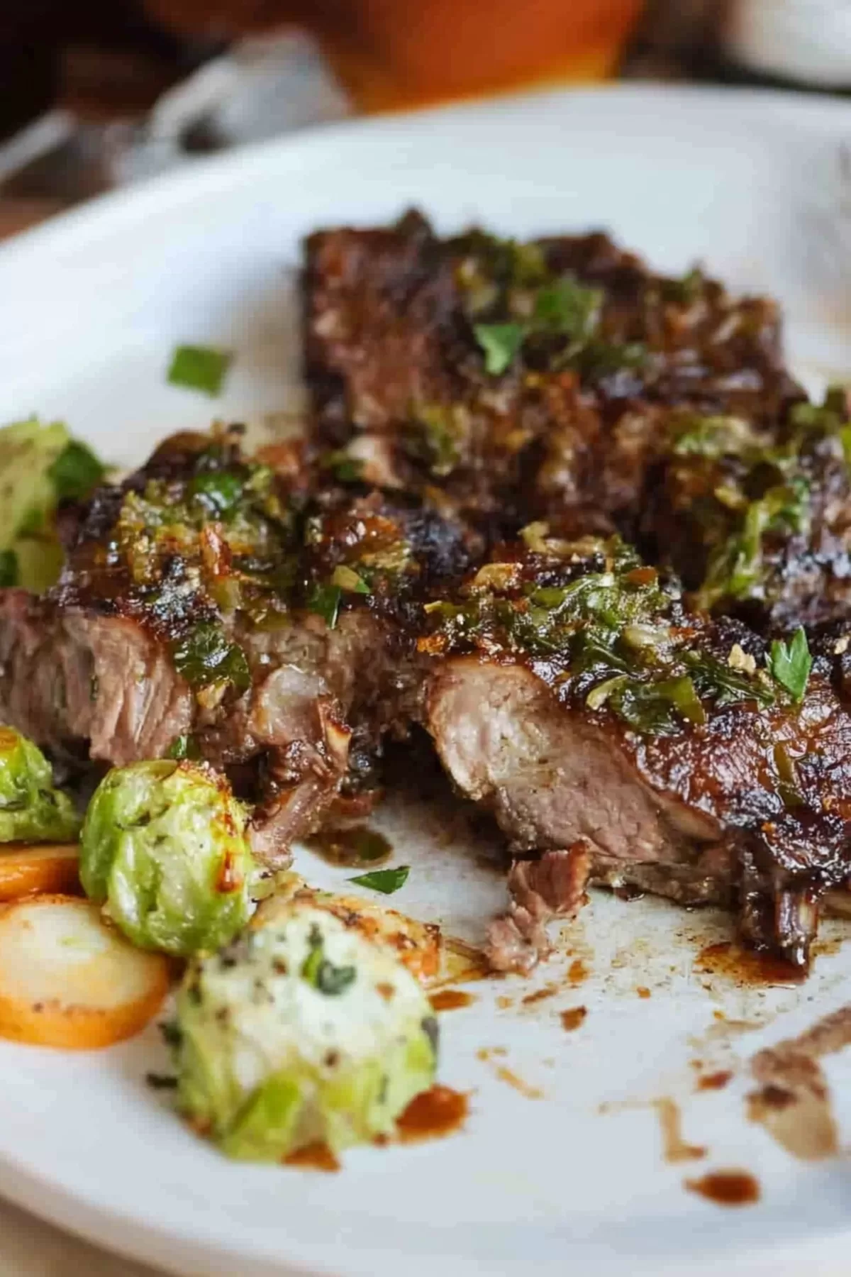 Perfectly cooked lamb breast served on a white plate with roasted vegetables on the side.