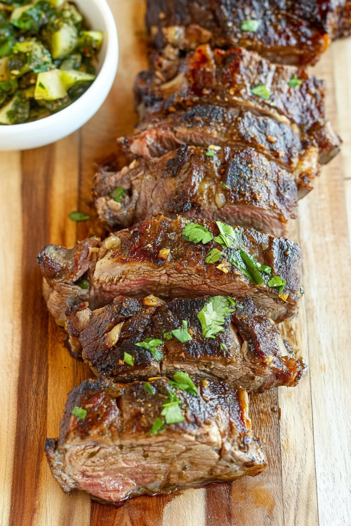 Succulent lamb breast sliced into portions, revealing the juicy interior, paired with a side of chimichurri.