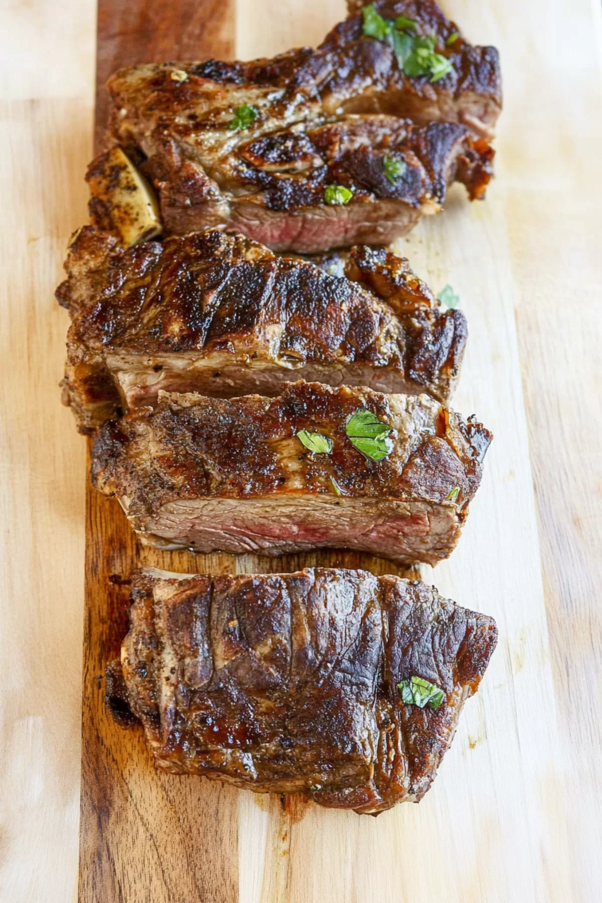 Juicy lamb breast with a charred exterior and vibrant herb topping displayed on a serving platter.