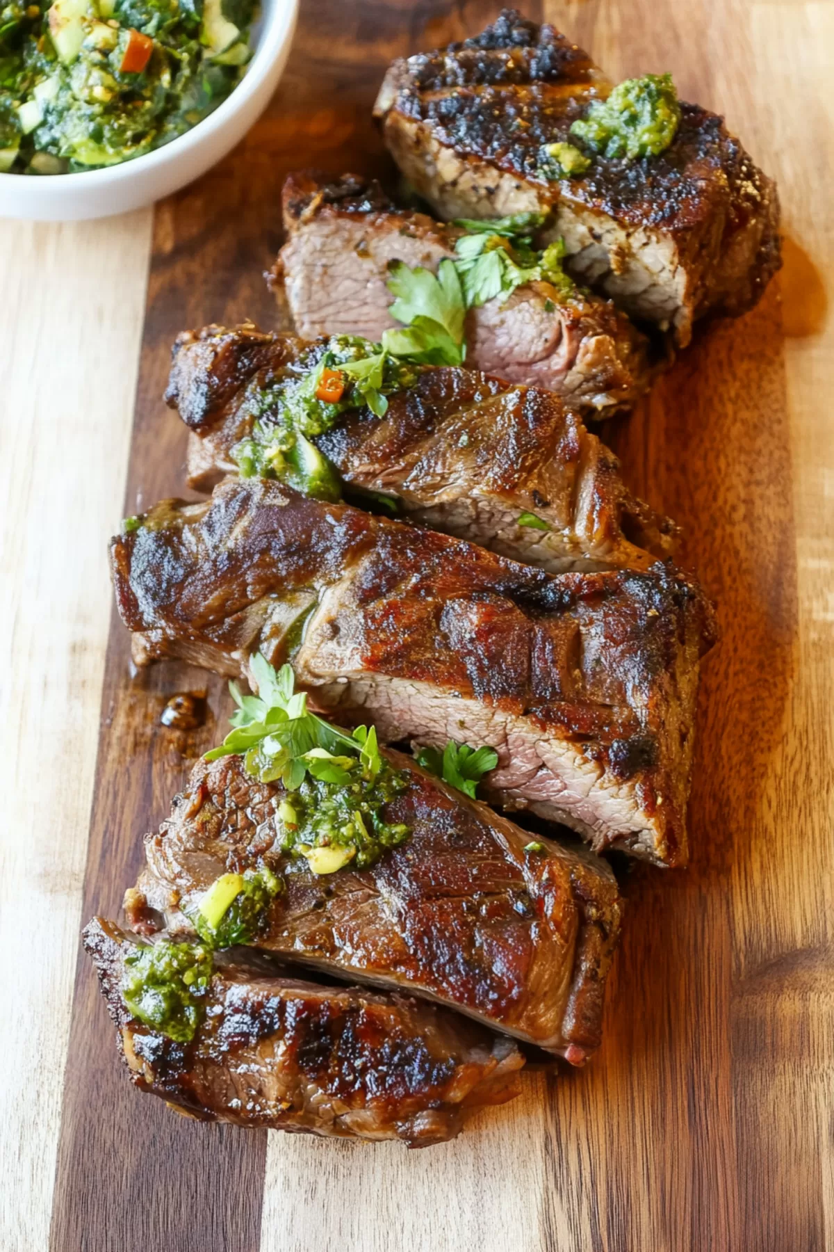 Close-up of tender lamb breast slices on a wooden cutting board garnished with fresh herbs.