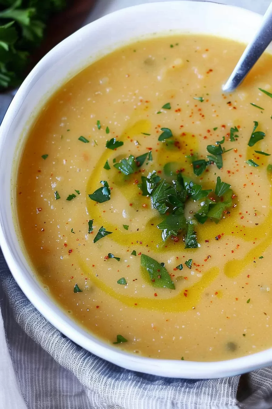 A warm bowl of Lebanese lentil soup garnished with fresh parsley and a drizzle of olive oil, served on a rustic table setting.