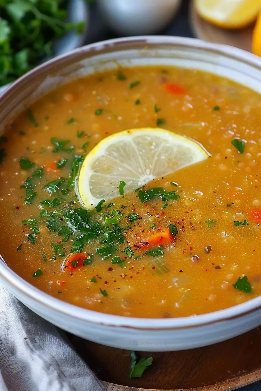 Close-up of hearty lentil soup with vibrant spices, lemon slices, and sprinkled herbs for a comforting meal.