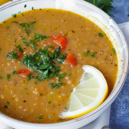 A pot of golden lentil soup brimming with lentils, carrots, and celery, with a sprig of parsley as garnish.