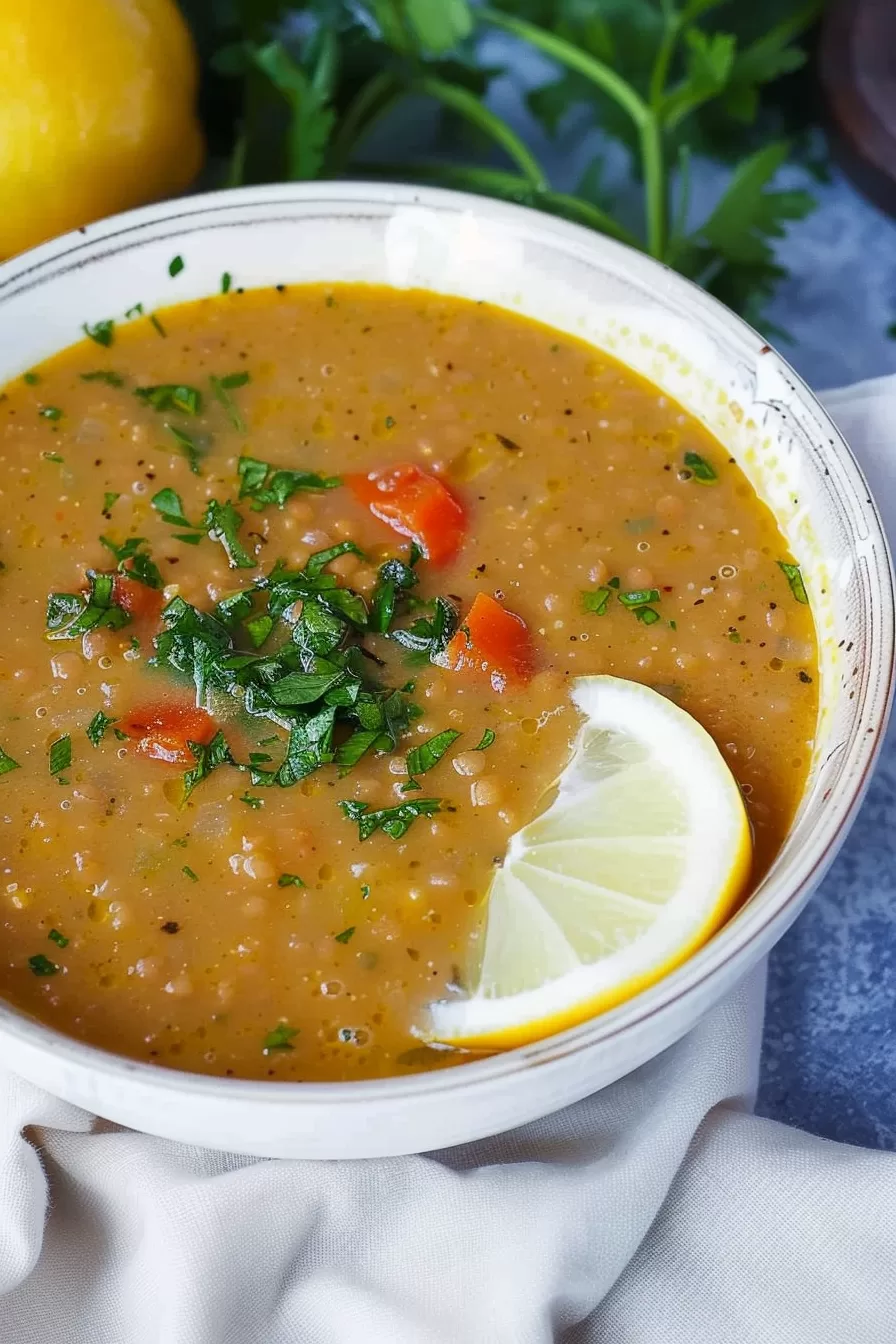 A pot of golden lentil soup brimming with lentils, carrots, and celery, with a sprig of parsley as garnish.