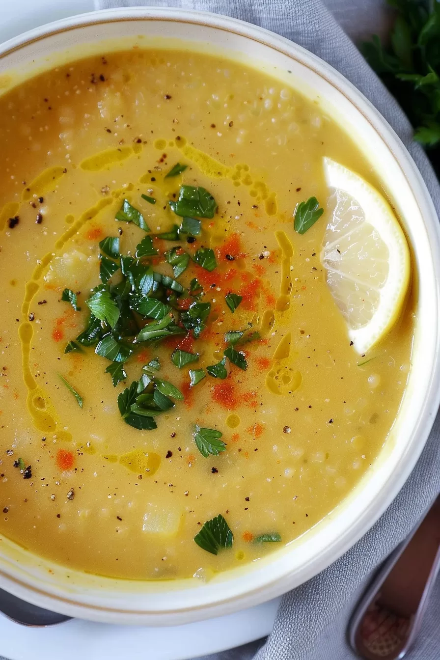 Lebanese lentil soup served in a ceramic bowl, highlighted by bright vegetables and a wedge of lemon on the side.