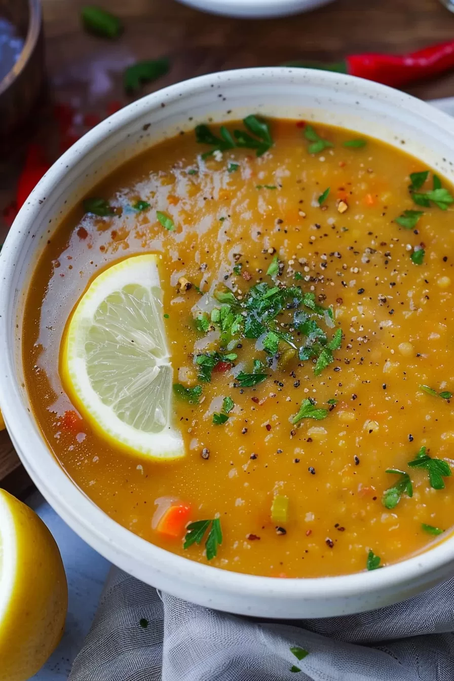 A steaming bowl of lentil soup with rich broth, topped with fresh herbs and a touch of chili flakes for added flavor.