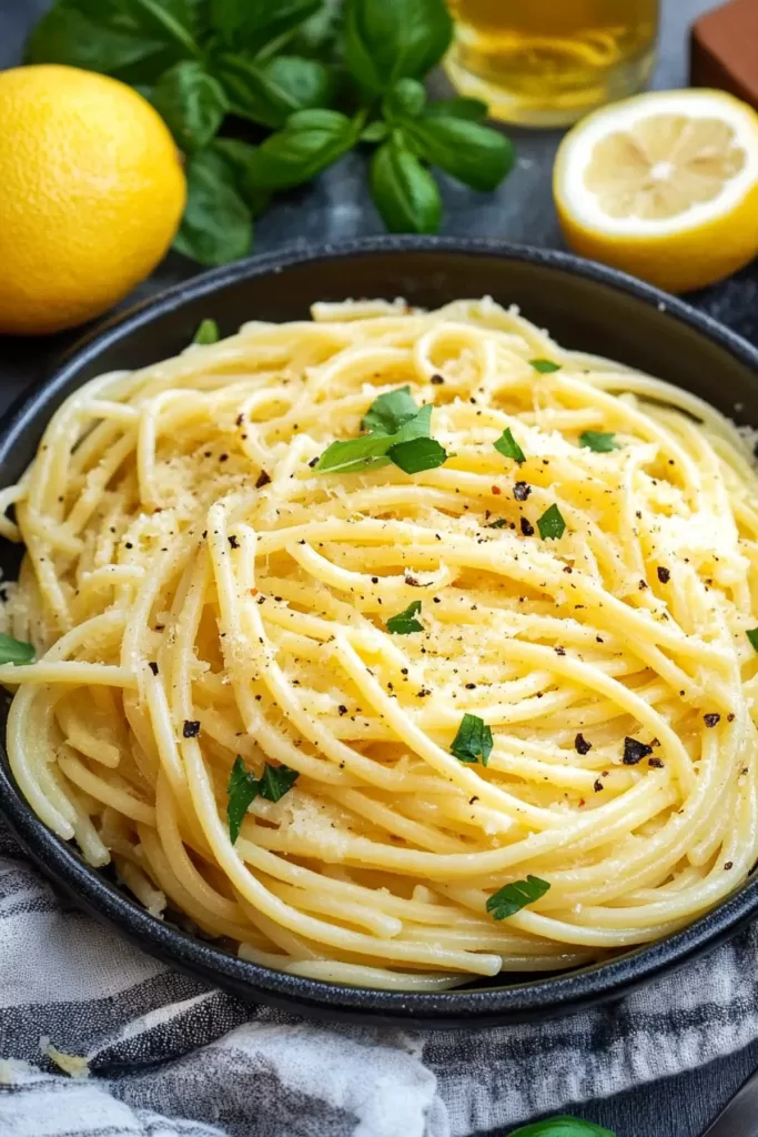 A plate of lemon butter pasta topped with fresh parsley, paired with zesty lemon slices in the background.