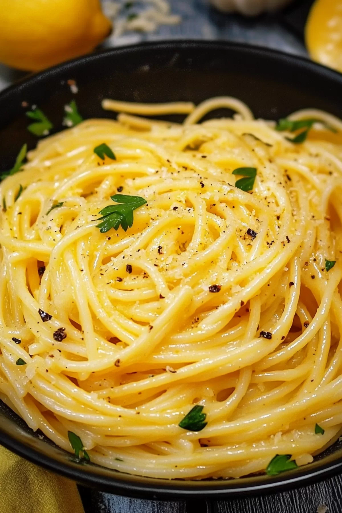 Close-up of creamy pasta coated in a vibrant lemon butter sauce, garnished with fresh parsley.