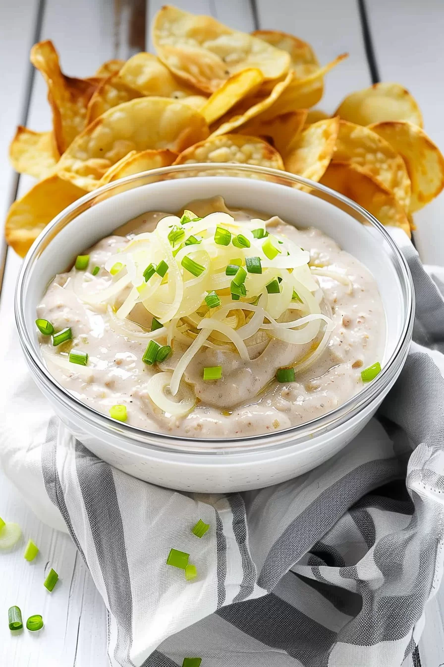 A creamy homemade onion dip garnished with fresh green onions, paired with crispy potato chips on a rustic wooden surface.